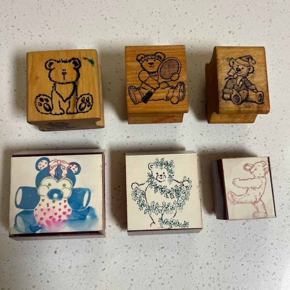 Vintage All Night Media Bears Wood Mounted Rubber Stamps Set of 6